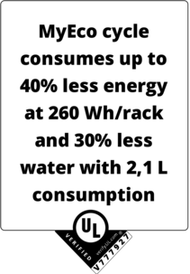 combined_black_V777927_en (1) MyEco cycle consumes up to 40% less energy at 260 Wh/rack and 30% less water with 2,1 L consumptiomn UL Verified