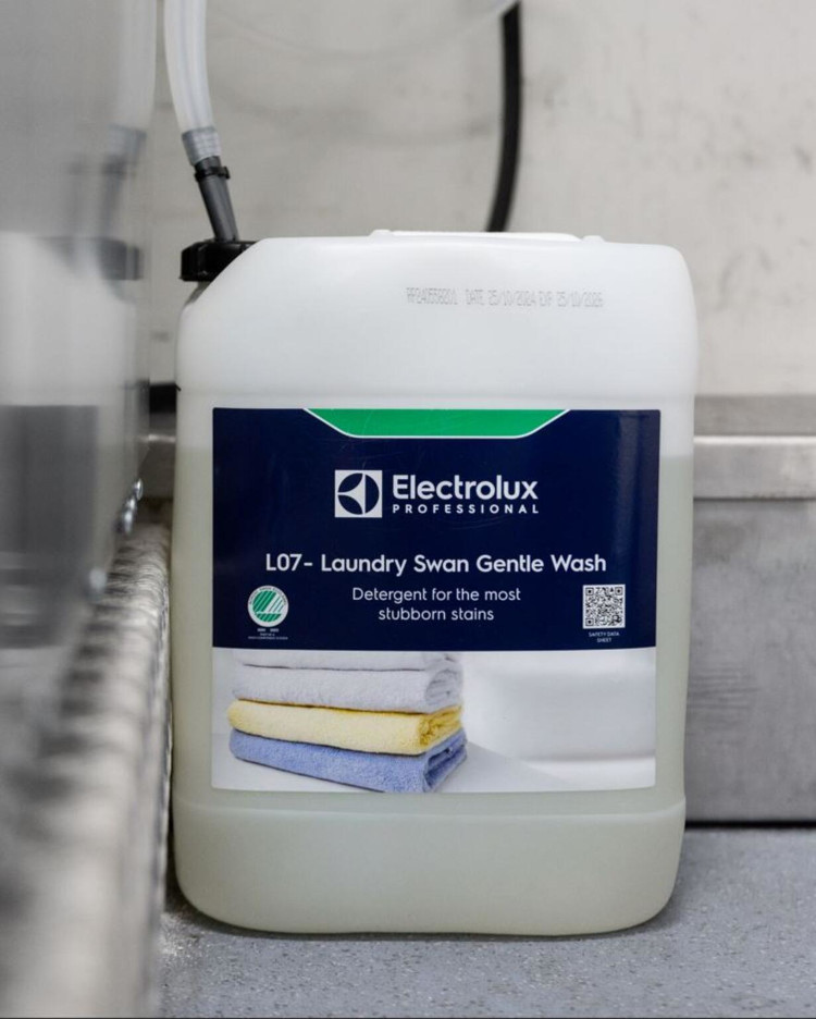 Container of Electrolux Professional liquid laundry detergent for commercial washing machines